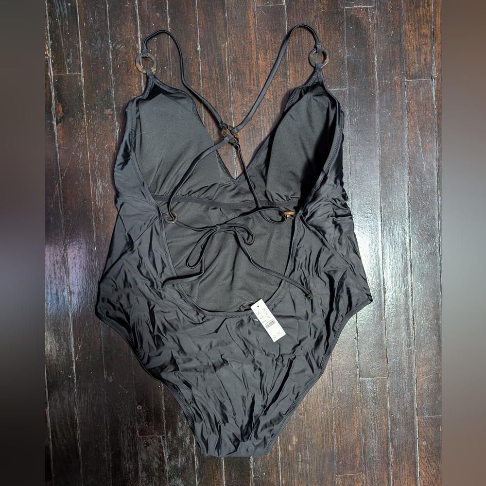 Reimagined By J. Crew Black Cross Back Leopard Accent One Piece Swimsuit - Picture 2 of 7